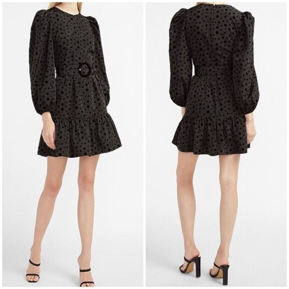 Express Belted Polka Dot Puff Sleeve Dress XS - Picture 1 of 11